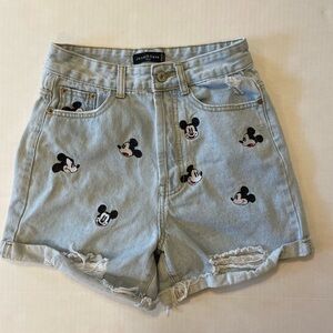 Jenny & Dave embroidered Mickey Mouse cuffed distressed denim jean shorts size M